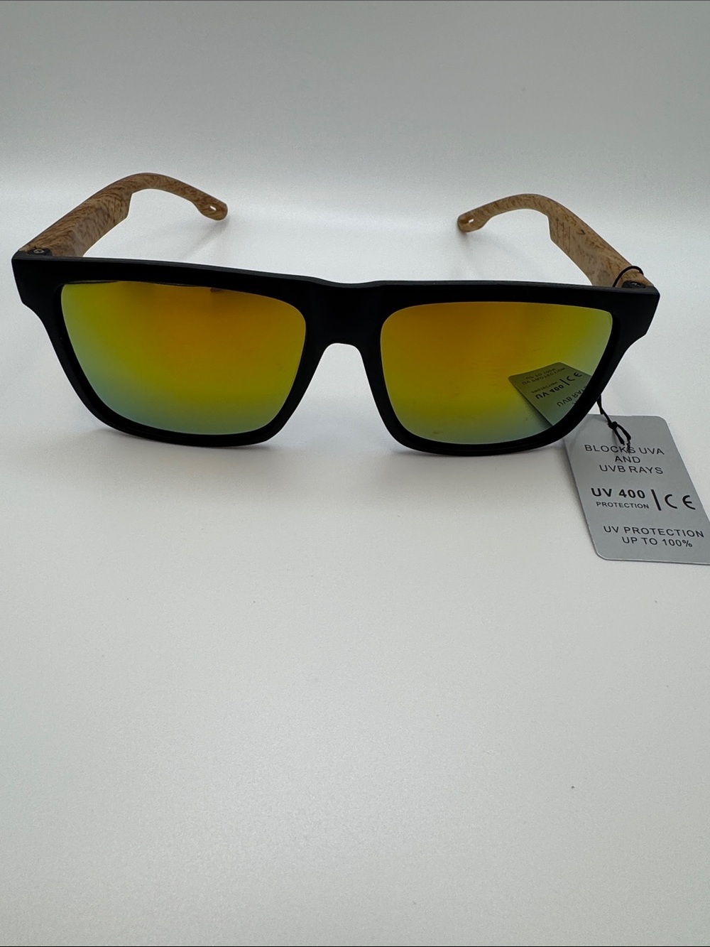 Black Frame Yellow Mirrored Lens Sunglasses with Wood-Style Temples